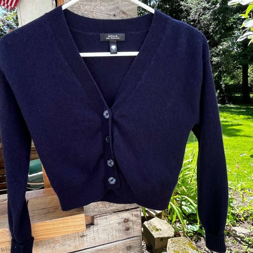 Aqua Cropped V-Neck Button-Front Cashmere Navy Blue Cardigan Sweater 10-12